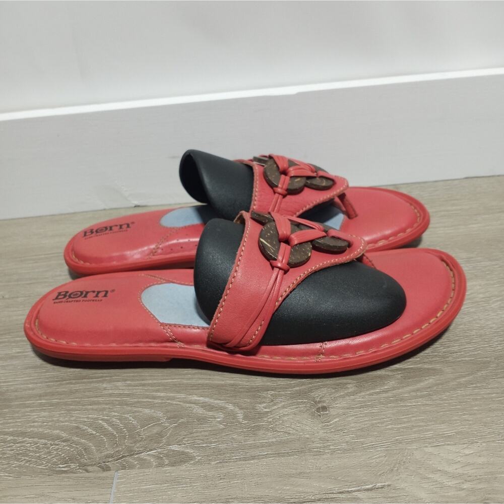 Born Red Leather Flip Flop Sandals Size 8 Boho Embellished